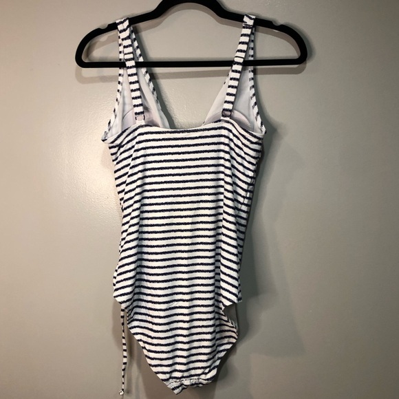 Nip Tick Swim Navy and White Striped Swimsuit Double Layered Belly Scrunch Tie - Picture 4 of 13